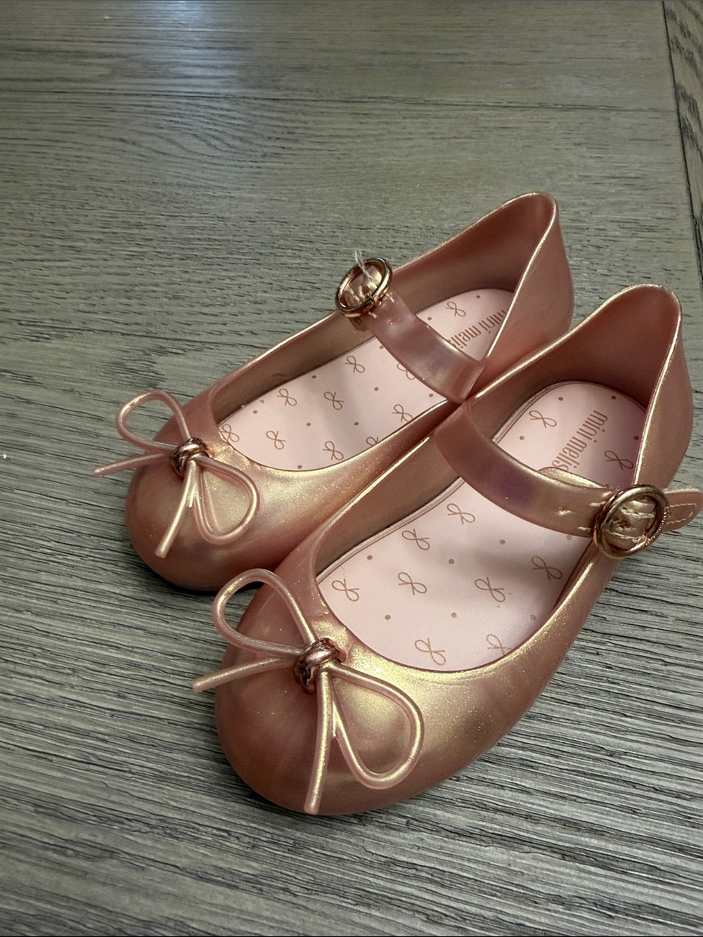 Mini Melissa Girls Metallic Rose Gold Mary Jane Flats with Bow
